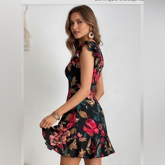 Boho Floral Print Ruffle Trim Dress Black - Picture 3 of 9